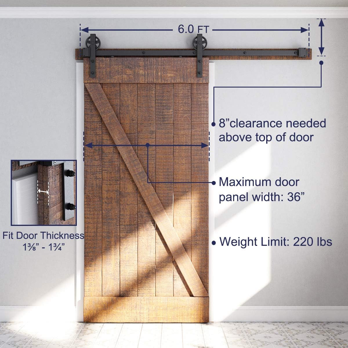 6 Feet Heavy Duty Sliding Barn Door Hardware Kit, 4FT - 18FT, Black, Smoothly and Quietly, Simple and Easy to Install, Fit 36" Wide Panel (Industrial Bigwheel Hangers)