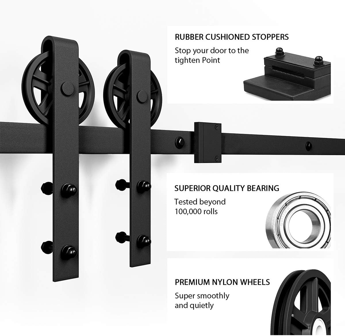 6 Feet Heavy Duty Sliding Barn Door Hardware Kit, 4FT - 18FT, Black, Smoothly and Quietly, Simple and Easy to Install, Fit 36" Wide Panel (Industrial Bigwheel Hangers)